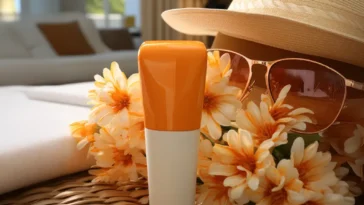 Sunscreen bottle indoors beside a sun hat and sunglasses, symbolizing daily sun protection even inside the home.